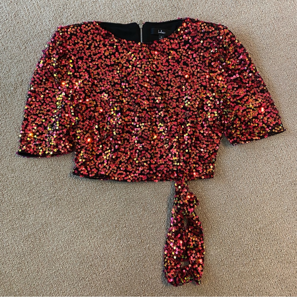 Lulu's Sequin Crop Top - Red and Gold